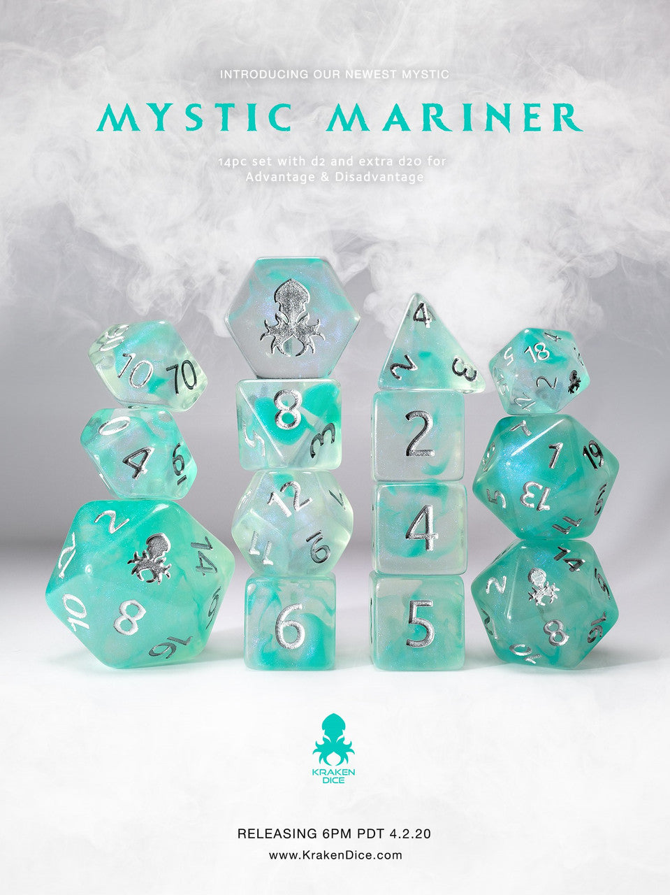 Mystic Mariner 14pc Polyhedral Dice set with Silver Ink